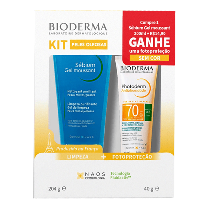 Kit Bioderma Gel de Limpeza Sebium Moussant Antioleosidade 200ml + Protetor Solar Facial FPS 70 Photoderm 40g